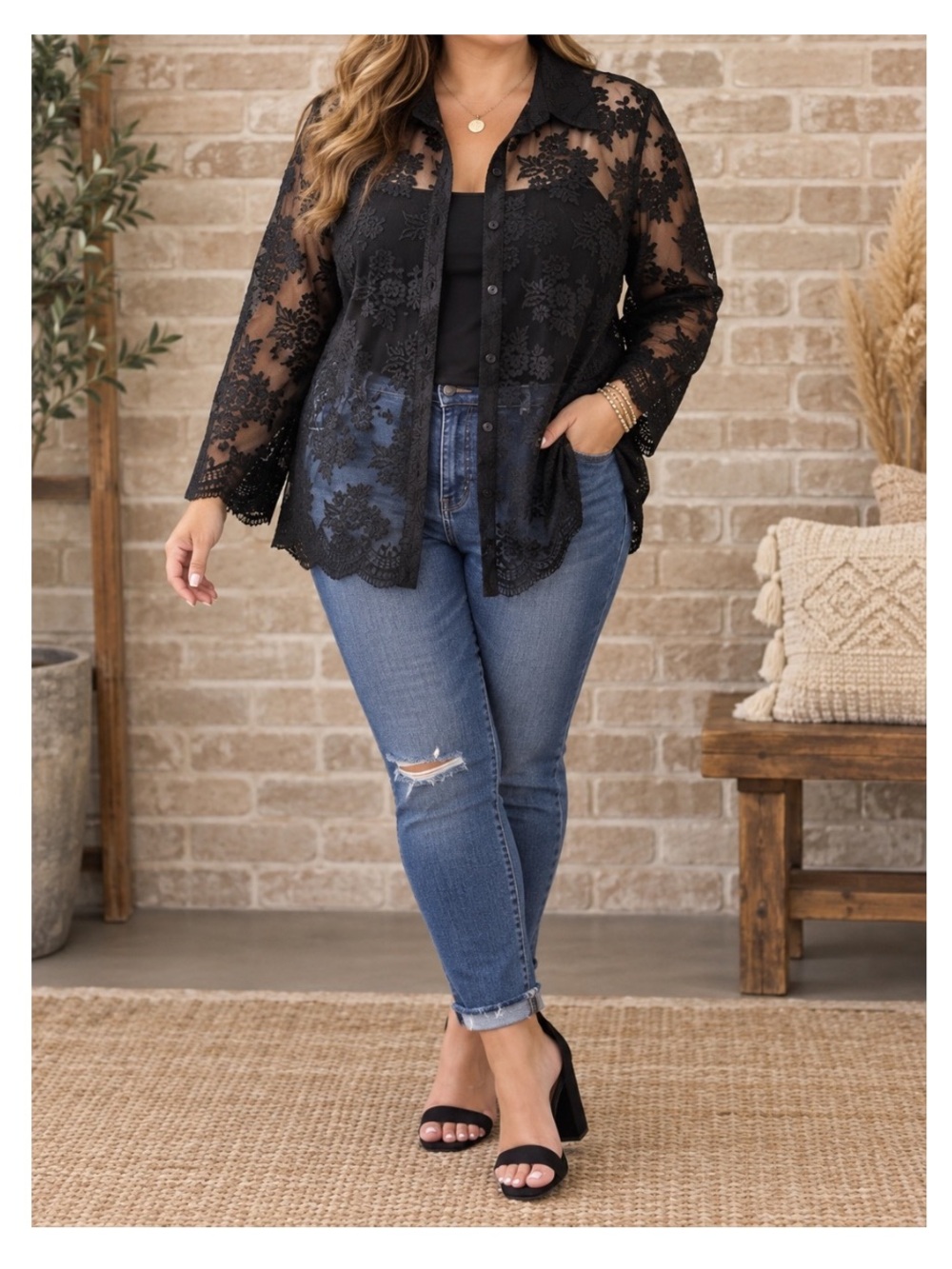WHITE STAG Lace Button-up Blouse in Black Sz 22/24